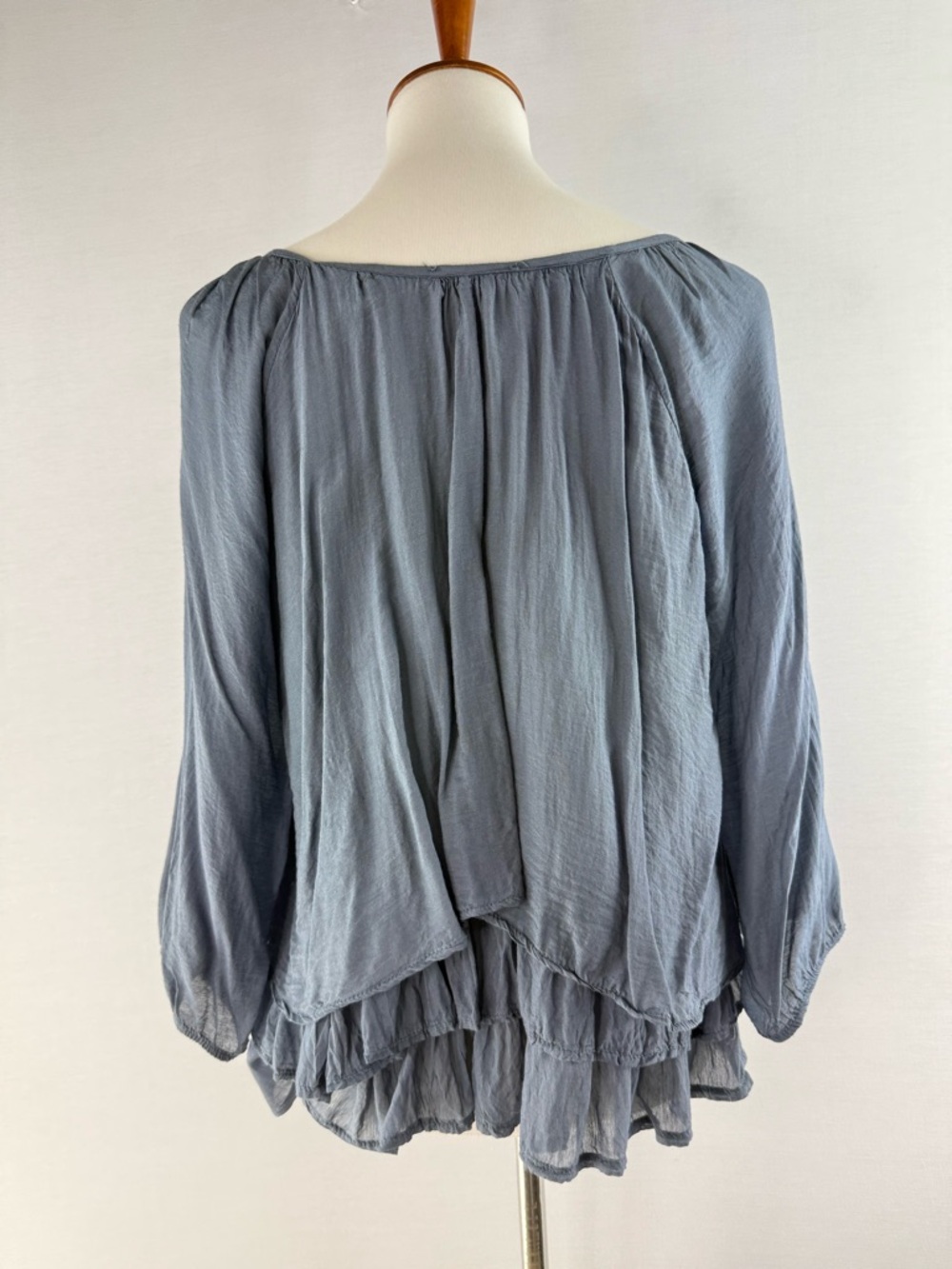 Tempo Paris Light Steel Blue Silk Blend Tiered Peasant Blouse - Picture 2 of 13